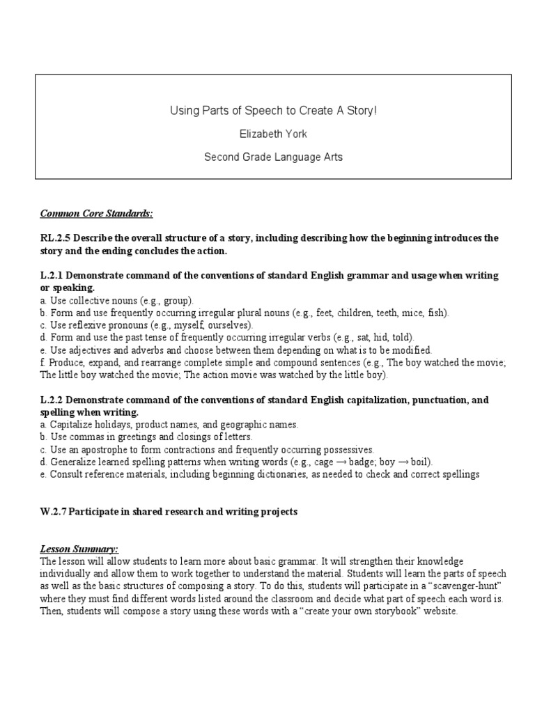 Second Grade Language Arts Lesson Plan | PDF | Part Of Speech | Adverb
