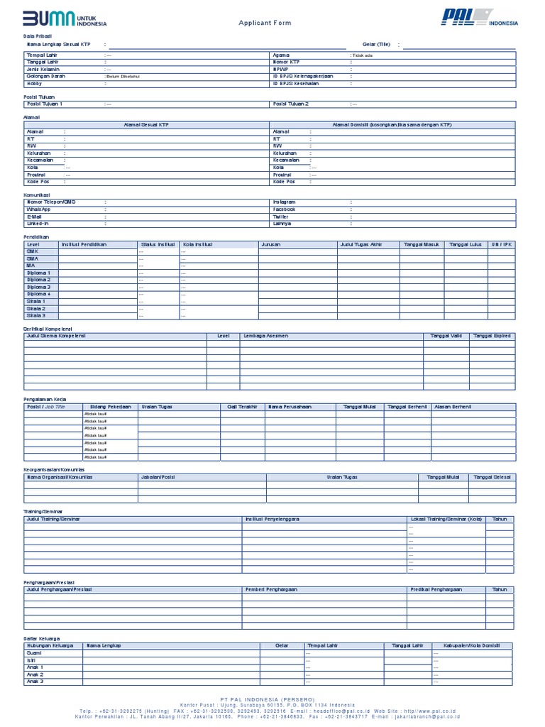 Formulir Pendaftaran Pelamar PT PAL | PDF
