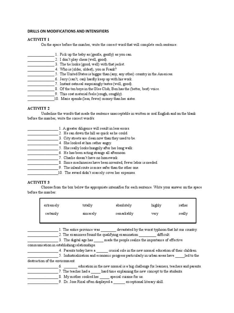 Drills On Modifications and Intensifiers | PDF | Human Nature | Learning