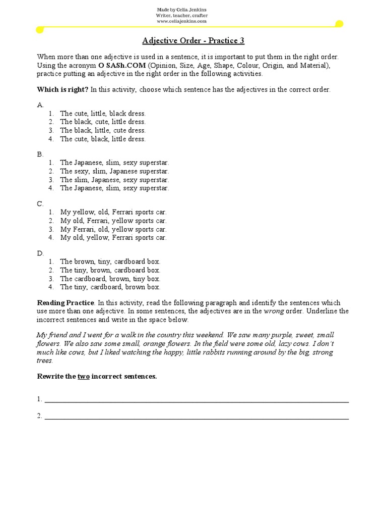 Adjective Order - Practice 3 | PDF
