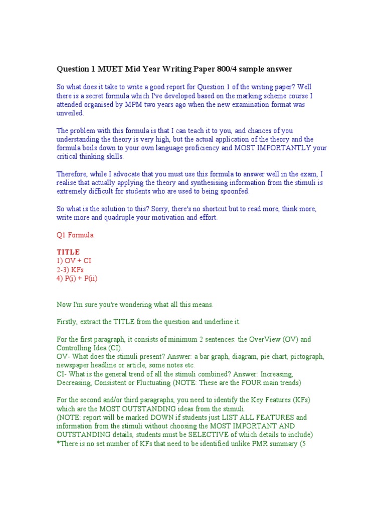 Question 1 Muet Mid Year Writing Paper 800 Paragraph Cognition