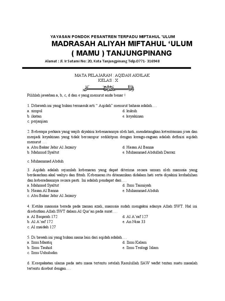 Ujian Semester Ganjil Akidah Akhlak Kelas X Pdf