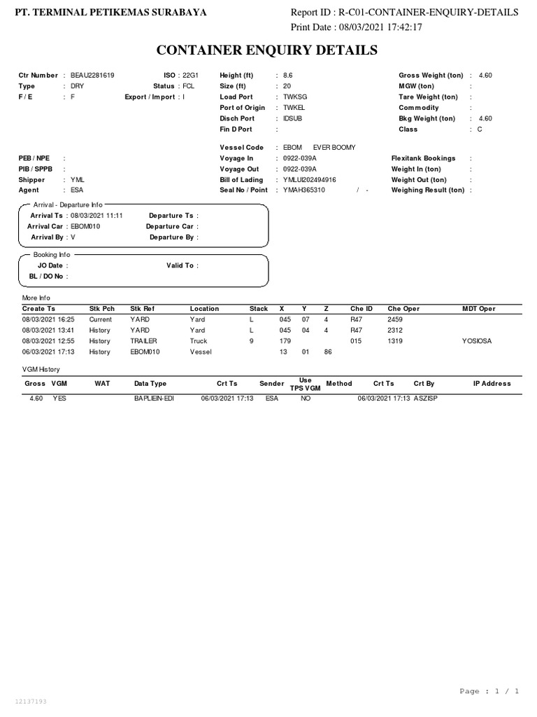 IDTPS ContainerEnquiryDetails BEAU2281619 20210308 | PDF | Manufactured ...