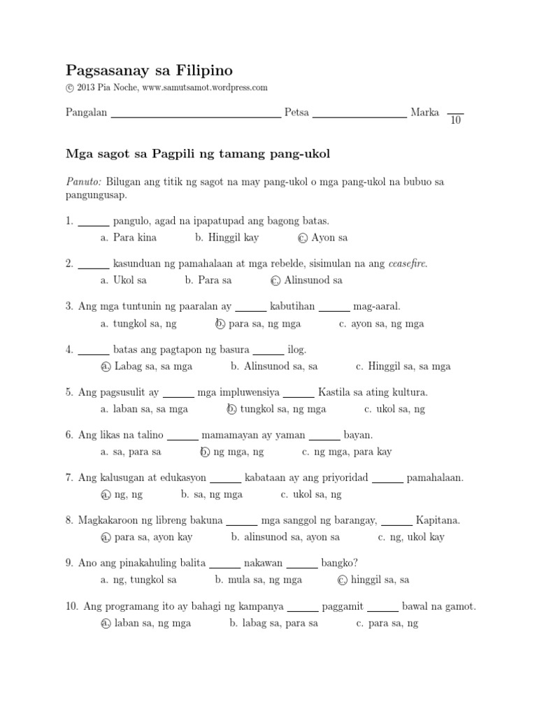 mga sagot sa pagpili ng tamang pang ukol 1 1 pdf