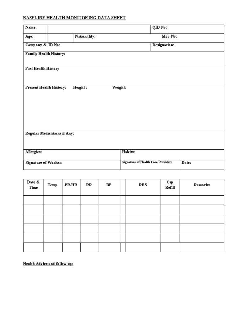 Baseline Health Monitoring Data Sheet Sample | PDF