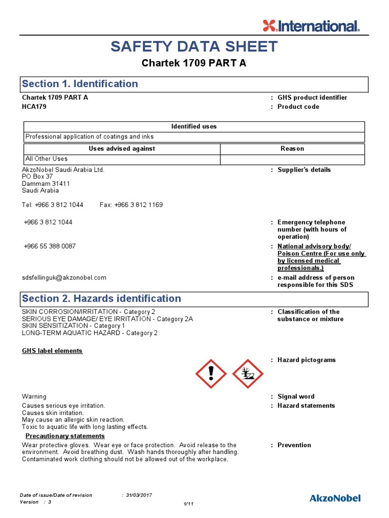 SDS-C11 HCA179 Chartek 1709 Part A - Eng | PDF | Toxicity | Firefighting