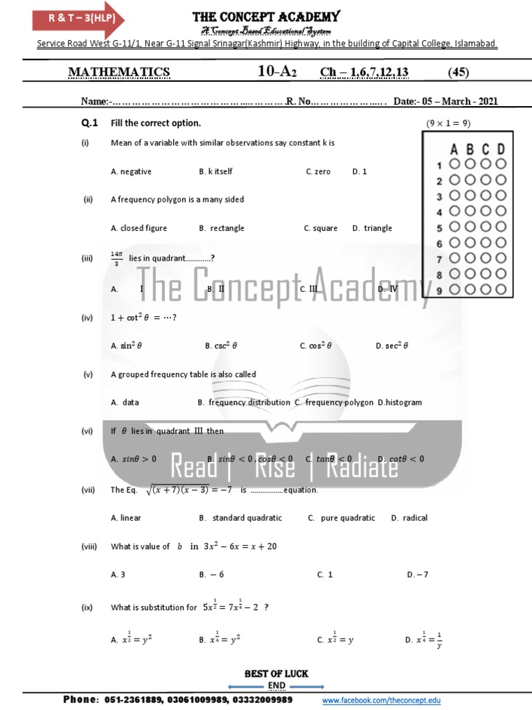 Crash Test # 3, 10th Math Ch-1,6,7,12,13-HLP | PDF | Angle ...