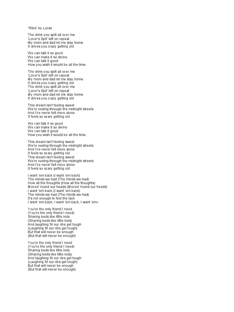 Lorde Ribs Lyrics PDF