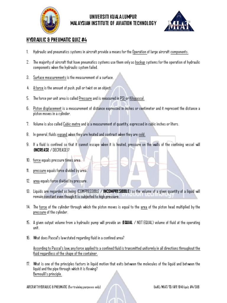 (Hydraulic & Pneumatic) Quiz 4 PDF Pressure Volume