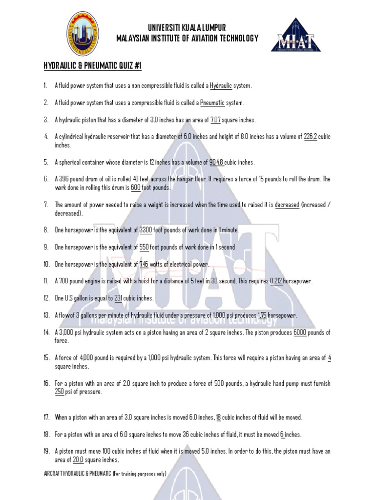 (Hydraulic & Pneumatic) Quiz 1 PDF Horsepower Pump