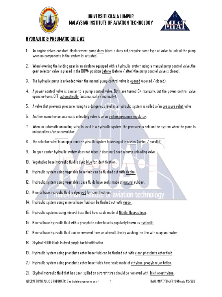 (Hydraulic & Pneumatic) Quiz 2 PDF Valve Pump