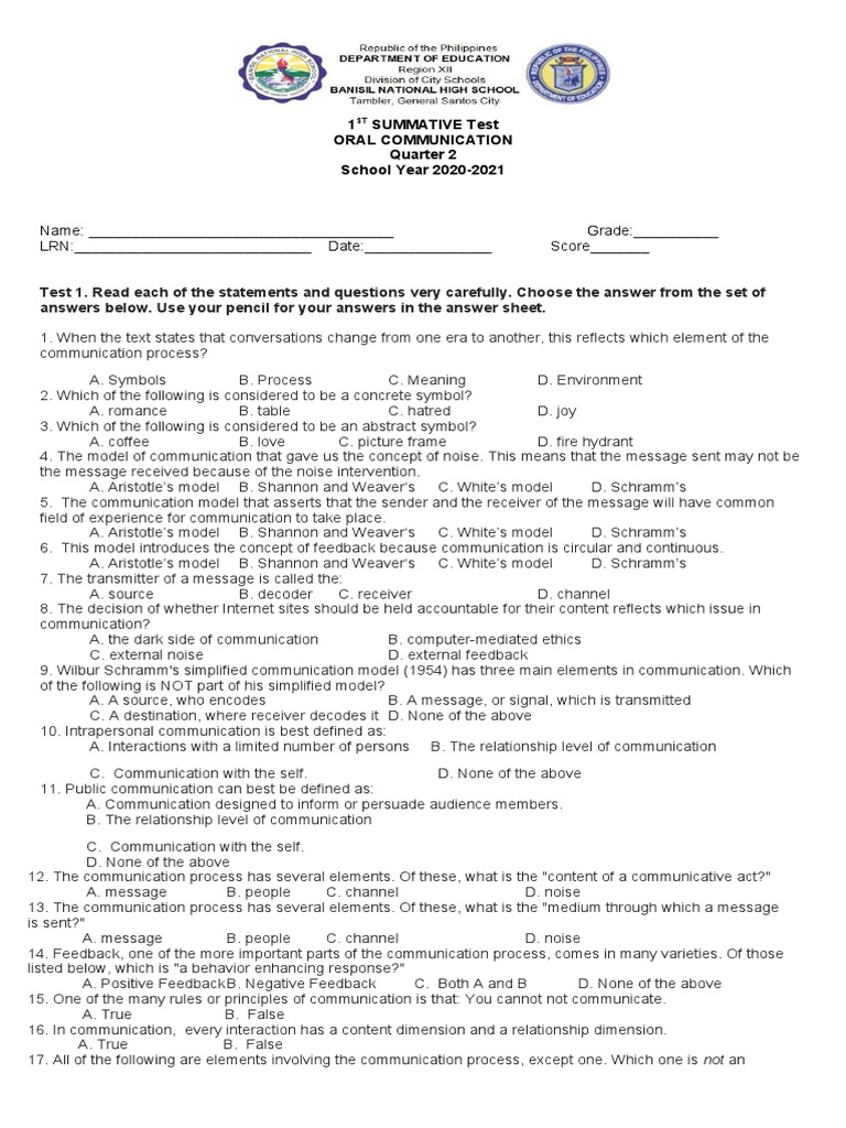 Grade 11 Oral Communication Exam Q2 | PDF | Nonverbal Communication ...