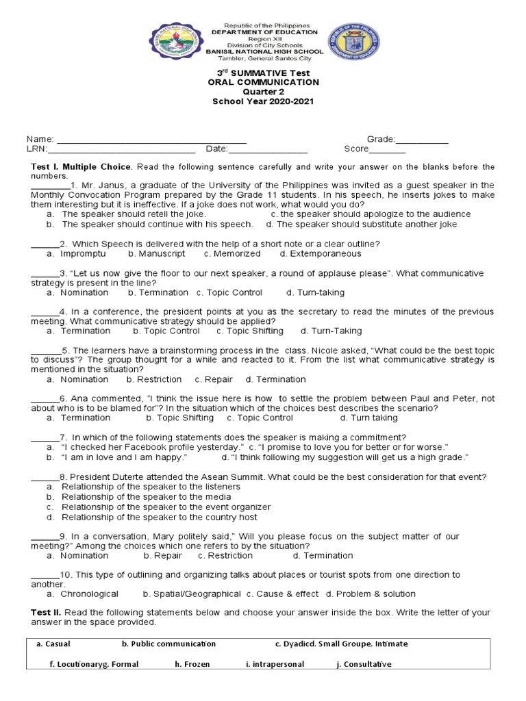 3 Summative Test Oral Communication Quarter 2 School Year 20202021 PDF Human Communication