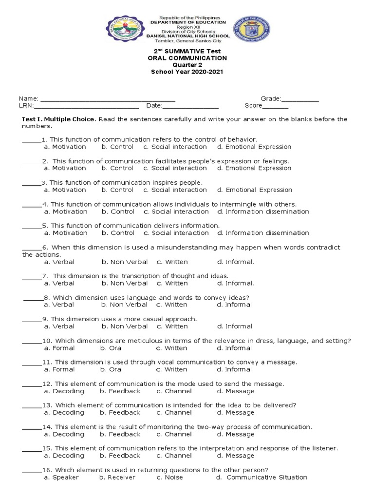 Grade 11 Oral Communication Exam Q2 | PDF | Neuropsychological ...