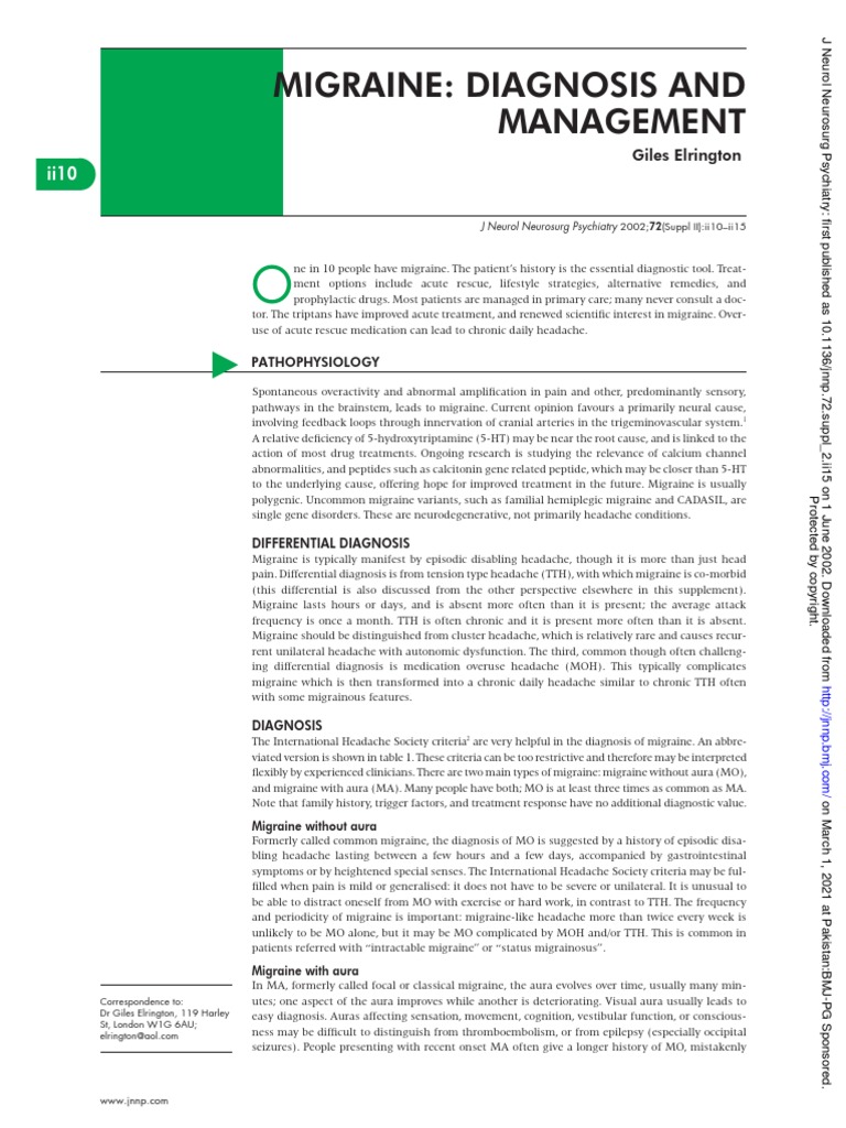 Migraine: Diagnosis and Management: Pathophysiology | PDF | Migraine ...