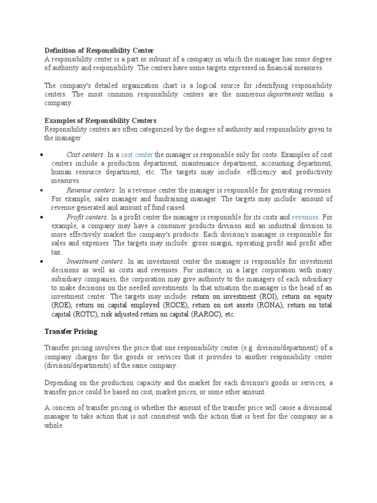 Responsibility Center and Transfer Pricing | PDF | Return On Investment ...