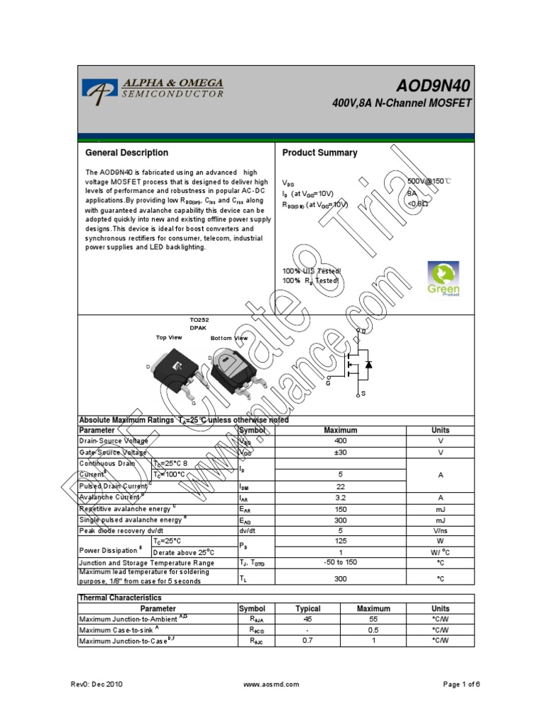 D9N40 AlphaOmegaSemiconductors | PDF | Diode | Electrical Equipment