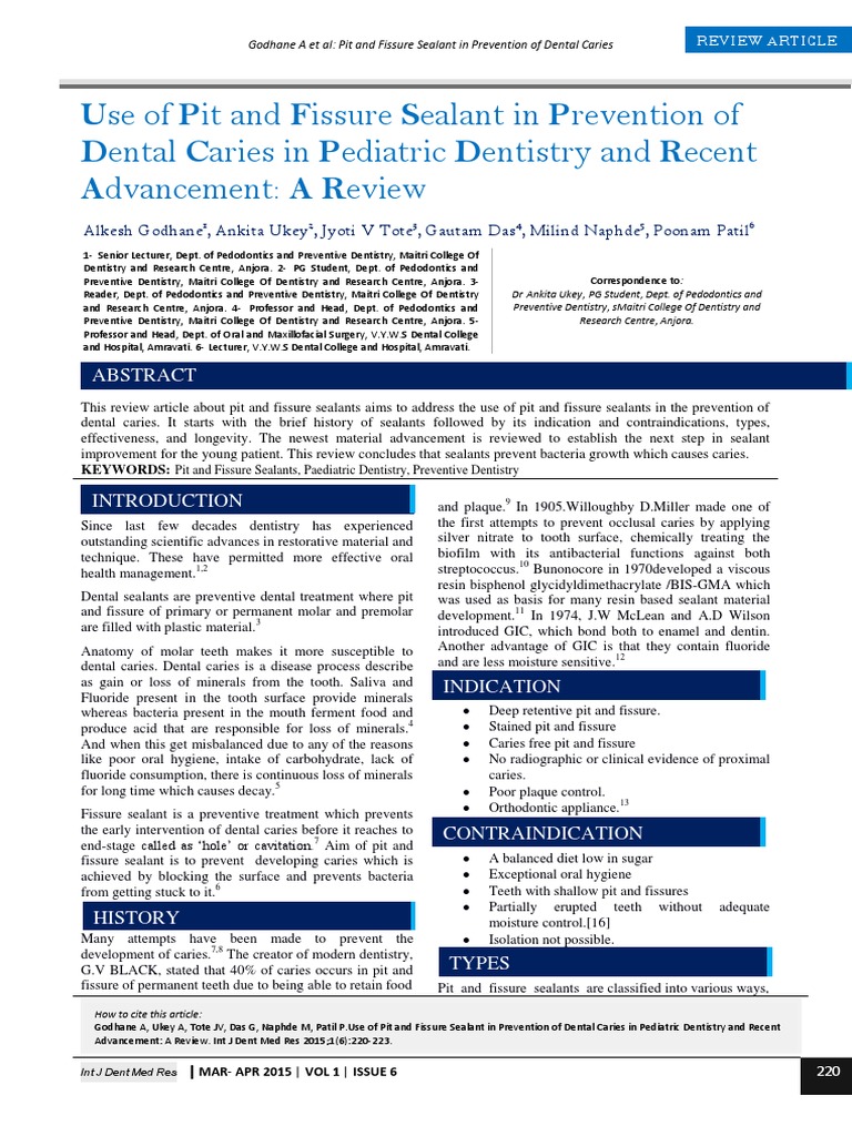Pit and Fissure Sealant in Prevention of Dental Caries PDF Dentistry Mouth