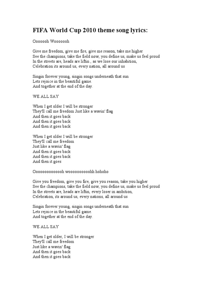 Fifa World Cup 10 Theme Song Lyrics Number One Singles Songs