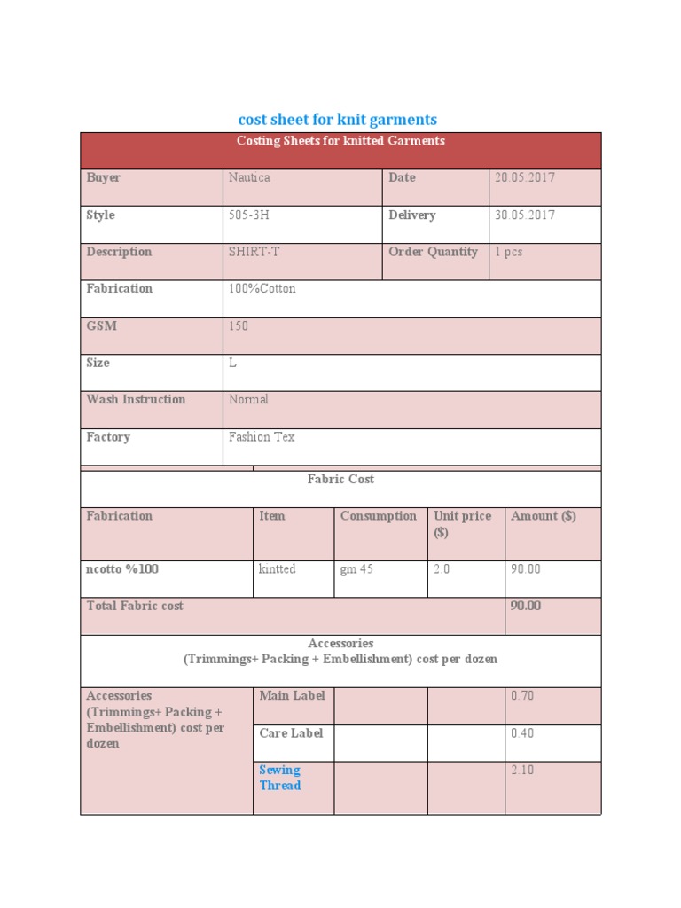 Costing Sheet For Knit Garments PDF Knitting Clothing