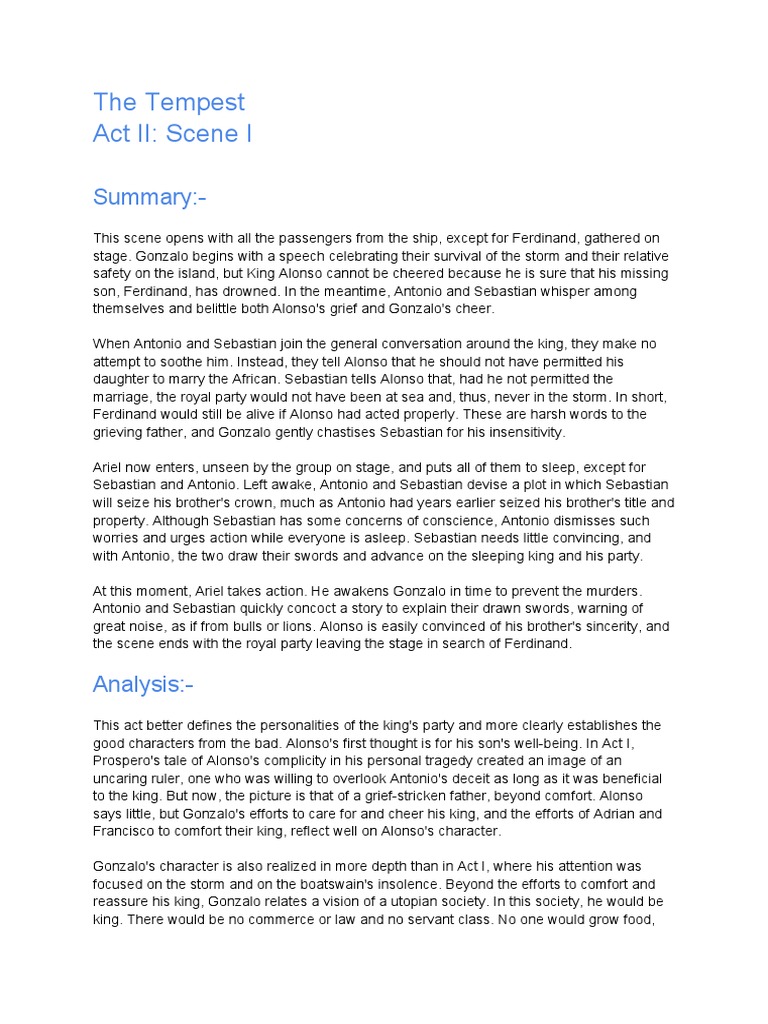Act II Summary: Gonzalo's Vision and Plot | PDF | The Tempest