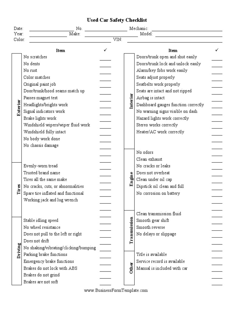 Used Car Safety Inspection Checklist | PDF | Trunk (Car) | Transmission ...