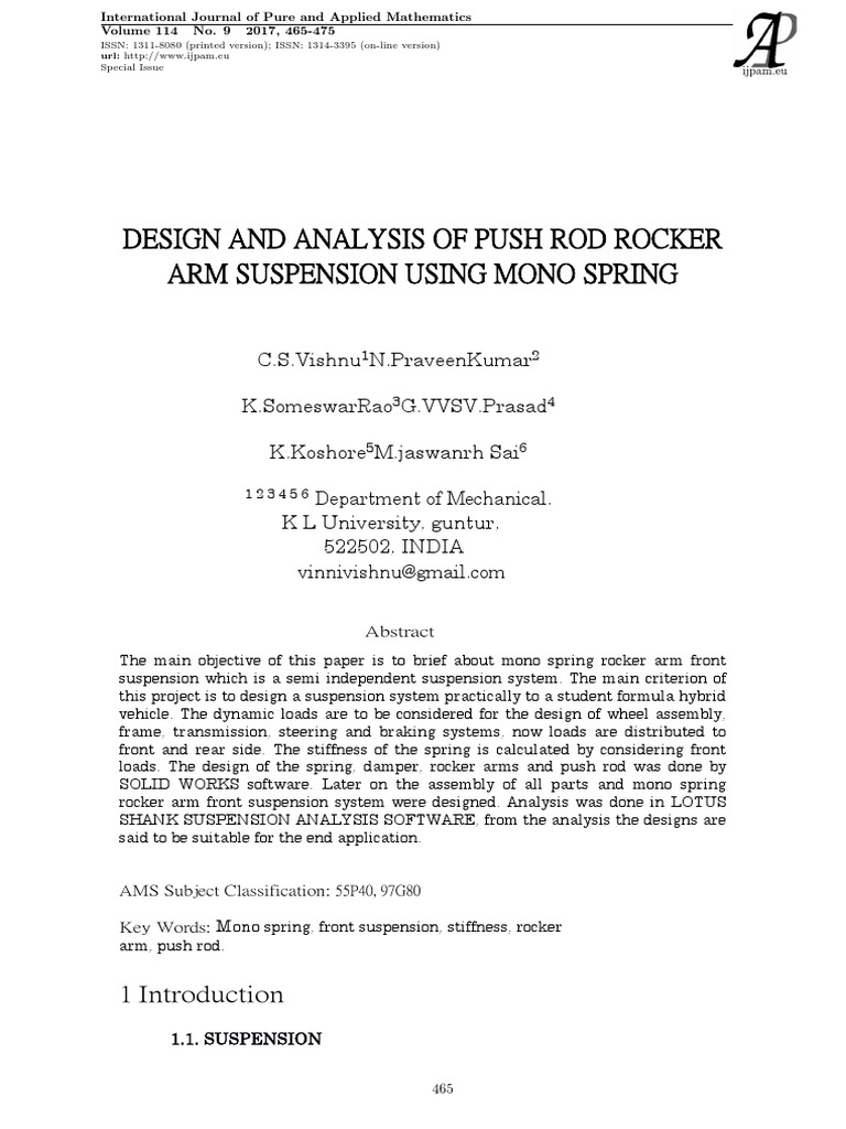 Design and Analysis of Push Rod Rocker Arm Suspension Using Mono Spring ...