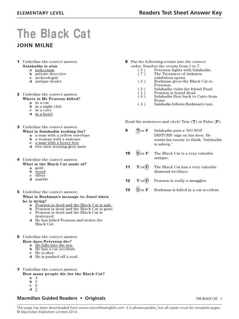 The Black Cat Elementary Test Answer Key | PDF