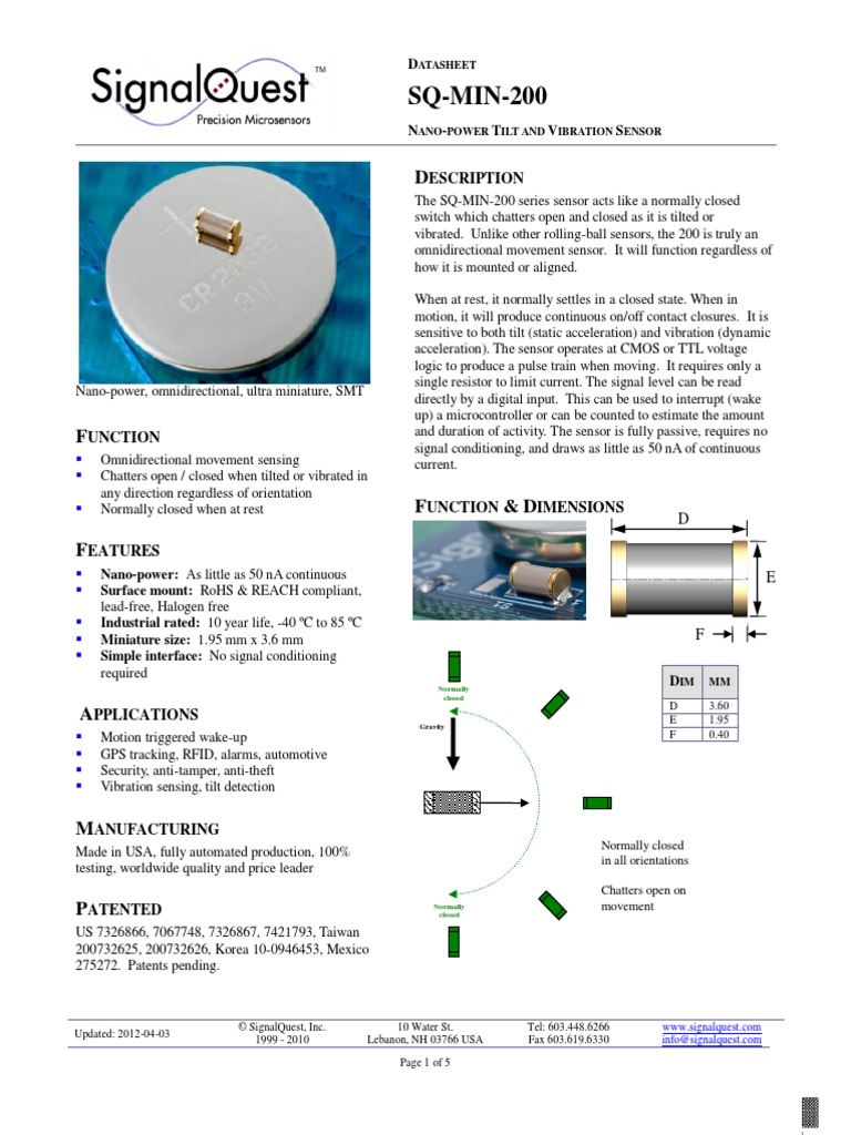 SQMIN200 Omnidirectional Tilt and Vibration Sensor Datasheet PDF Switch Microphone