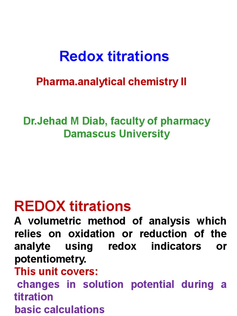 Redox Titrations Pharma Analytical Chemistry II PDF Titration