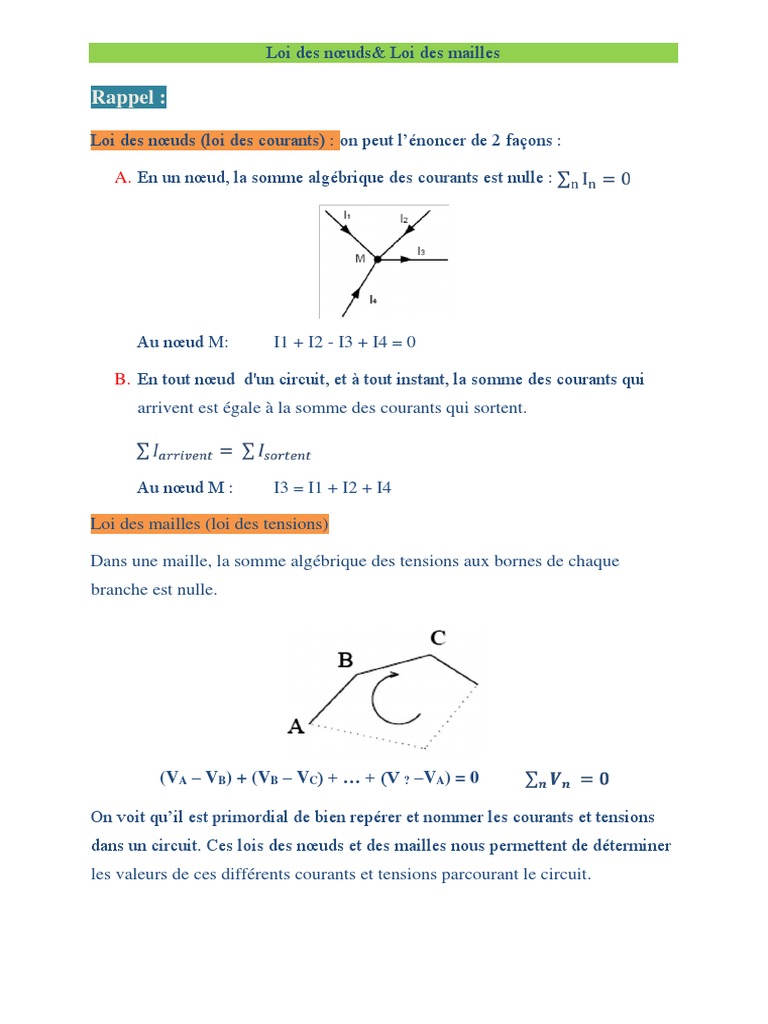 Exercices sur lois des nœuds et mailles PDF Modélisation Fonction — free download