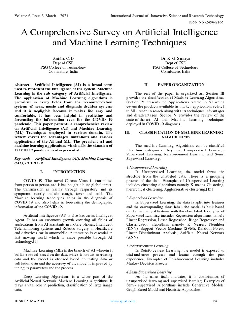 AI and ML Techniques: A Comprehensive Survey | PDF | Machine Learning ...