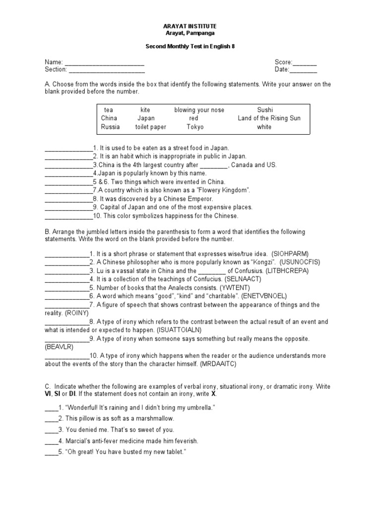 ENGLISH 8 2nd MONTHLY EXAMINATION PDF Irony Confucius