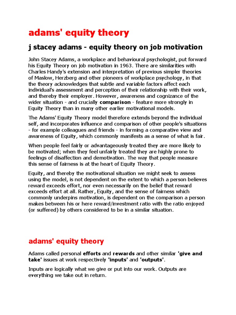 J Stacey Adams - Equity Theory On Job Motivation | PDF | Motivation ...