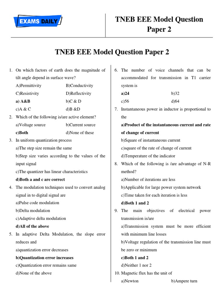 TNEB EEE Model Question Paper 2 | PDF | Science & Mathematics