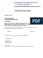 Letter of Excuse: ACCORD Advertising Concept & Expert Services, Inc