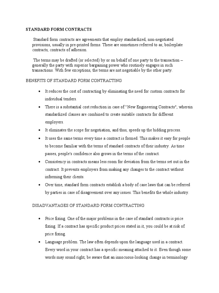Understanding the Benefits and Disadvantages of Standard Form Contracts
