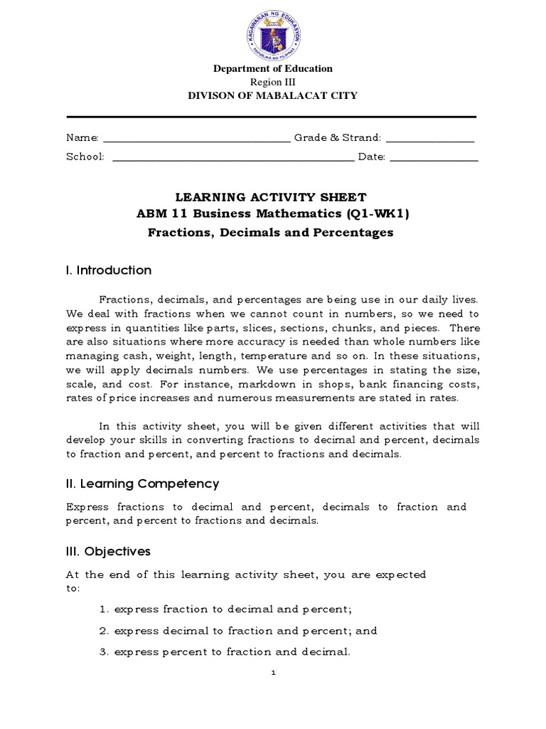 Business Math: Fractions, Decimals, Percentages | PDF | Percentage ...