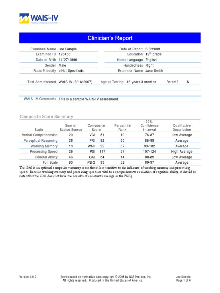 WAIS-IV Sample Report | PDF | Wechsler Adult Intelligence Scale