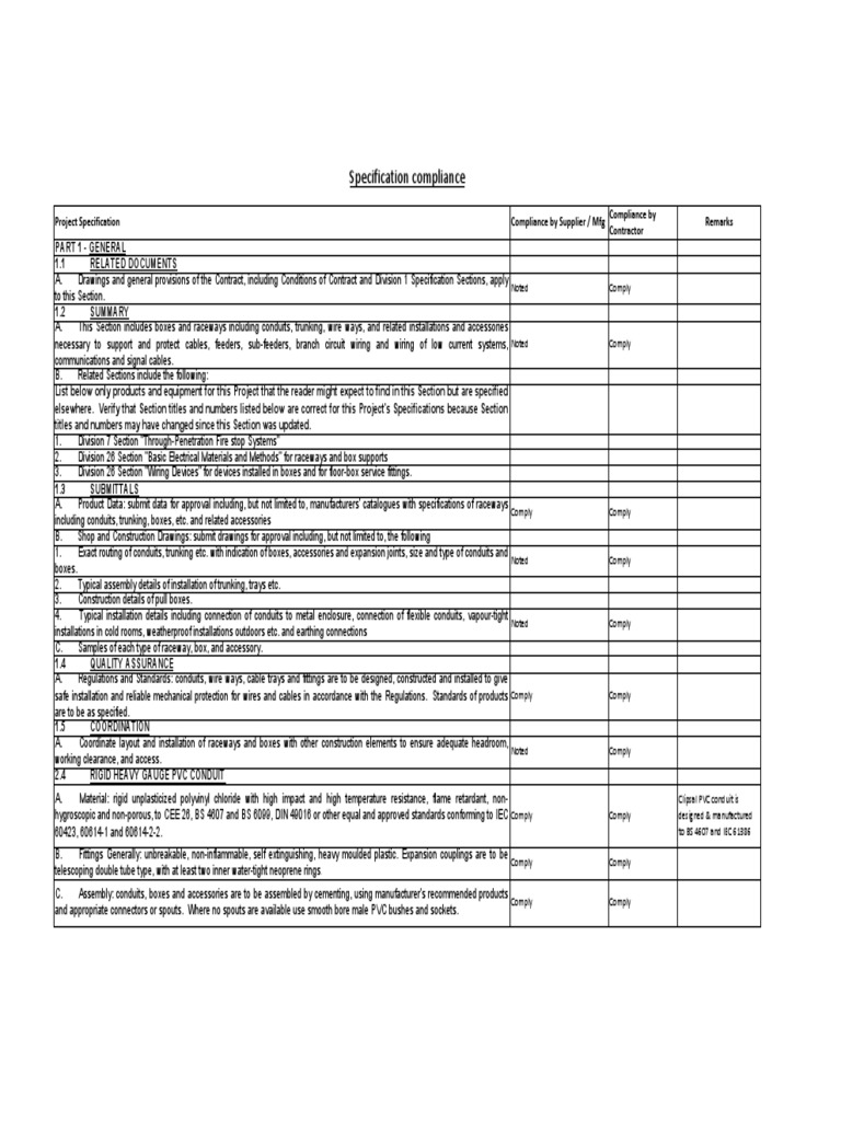 Compliance To Project Specification | PDF | Electrical Wiring | Pipe ...