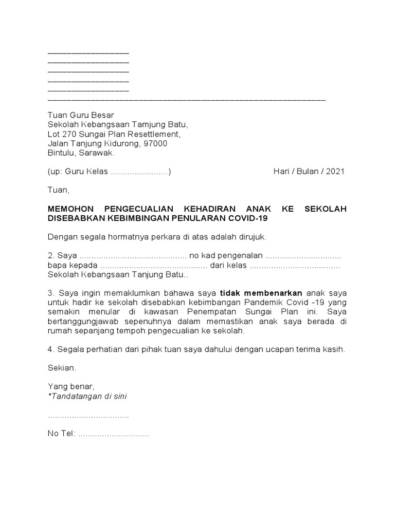 Tidak ke surat contoh sekolah covid 19 hadir 5 Contoh