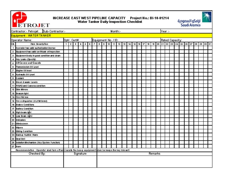 Daily Inspection Checklist For Water Tanker PDF