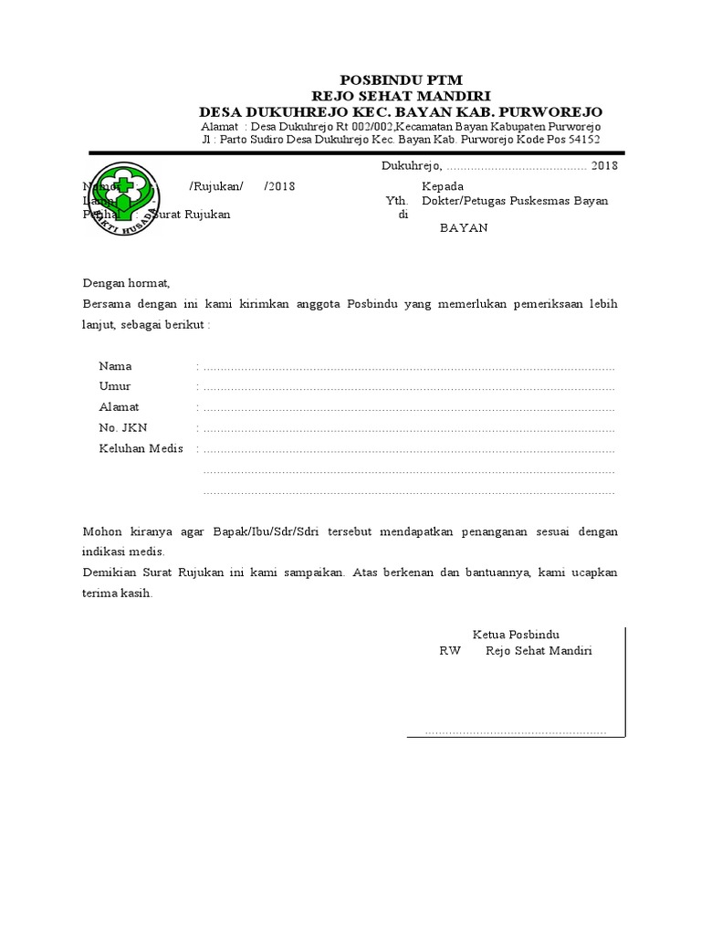 Surat Rujukan Posbindu ke Puskesmas | PDF