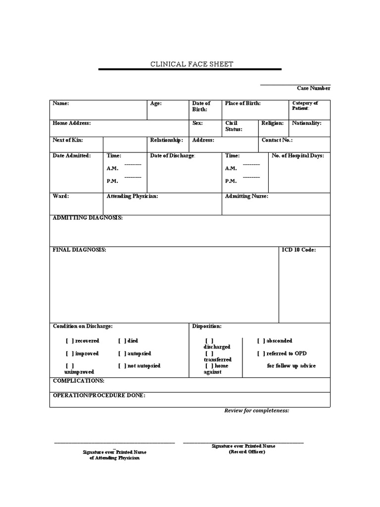 Clinical Face Sheet | PDF | Clinical Medicine | Medical Specialties