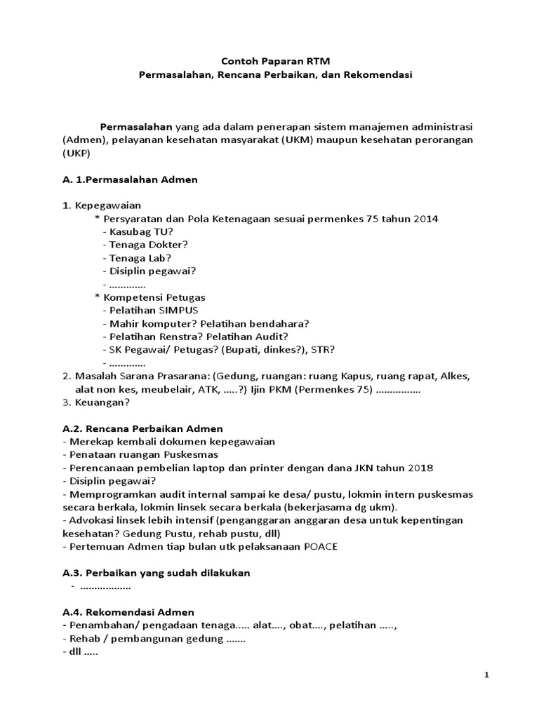 Contoh Isi Paparan RTM Permasalahan, Rencana Perbaikan, Rekom PKM | PDF
