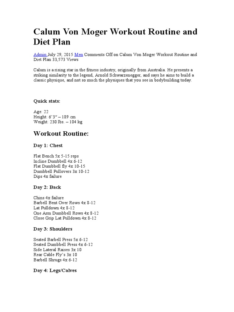 Calum Von Moger Workout Routine and Diet Plan PDF