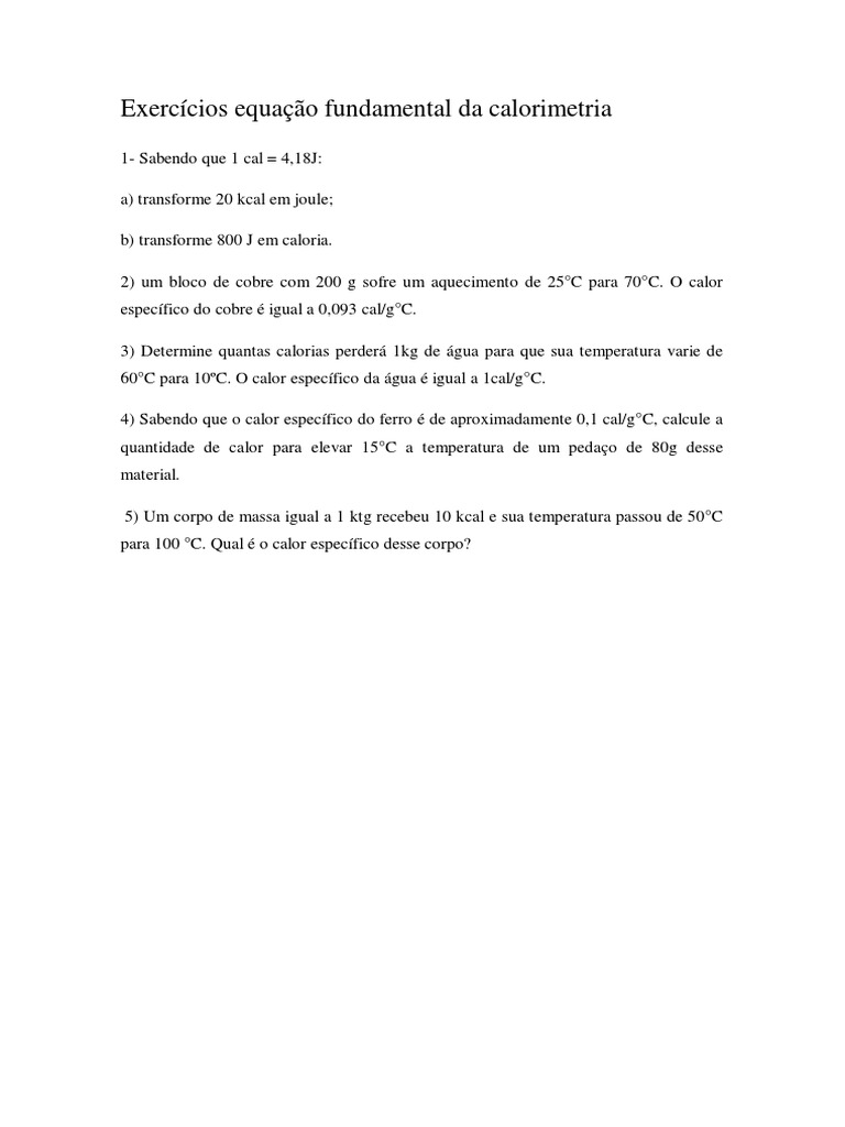 Exercícios sobre Calorimetria Fundamental | PDF