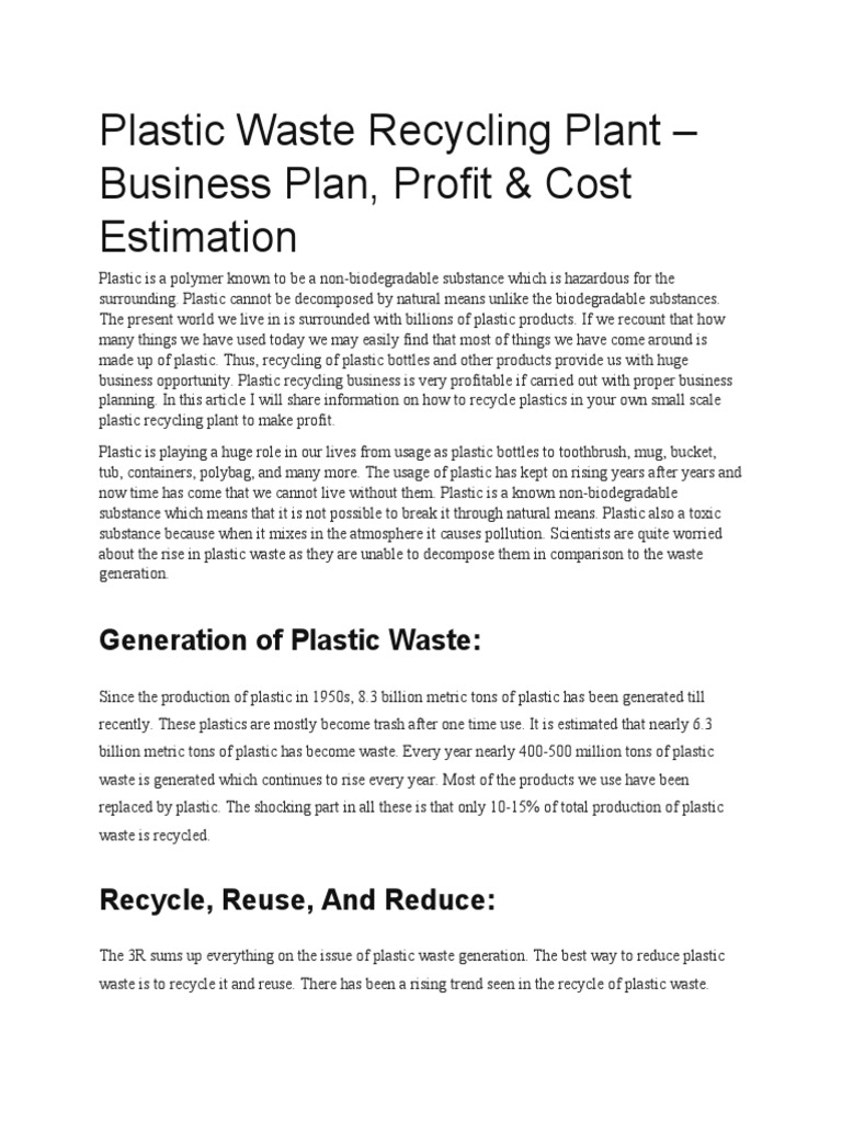 Plastic Waste Recycling Plant Business Plan, Profit & Cost Estimation