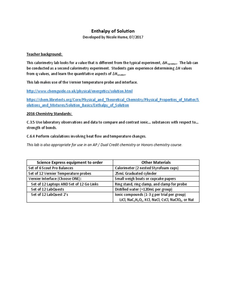 Enthalpy of Solution Lab Guide | PDF | Solution | Mole (Unit)