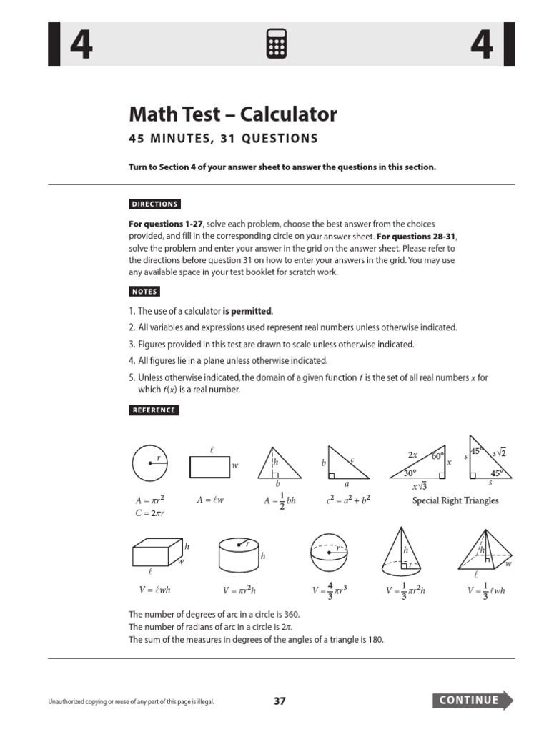 Math Test - Calculator: 45 Minutes, 31 Questions | Download Free PDF ...